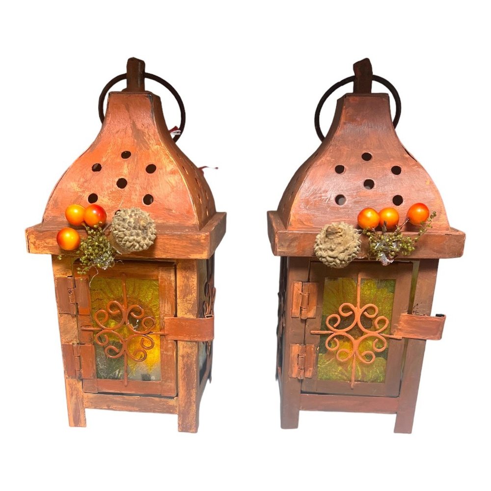 Hand Crafted Decoupaged and Hand-Painted Candle Metal Lanterns Set of 2 Lamps
